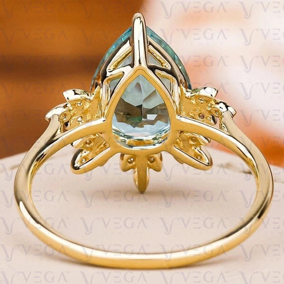 Anel de casamento feminino 3,10 quilates corte pera natural água-marinha ouro amarelo 14k sólido - Imagem 2 de 4