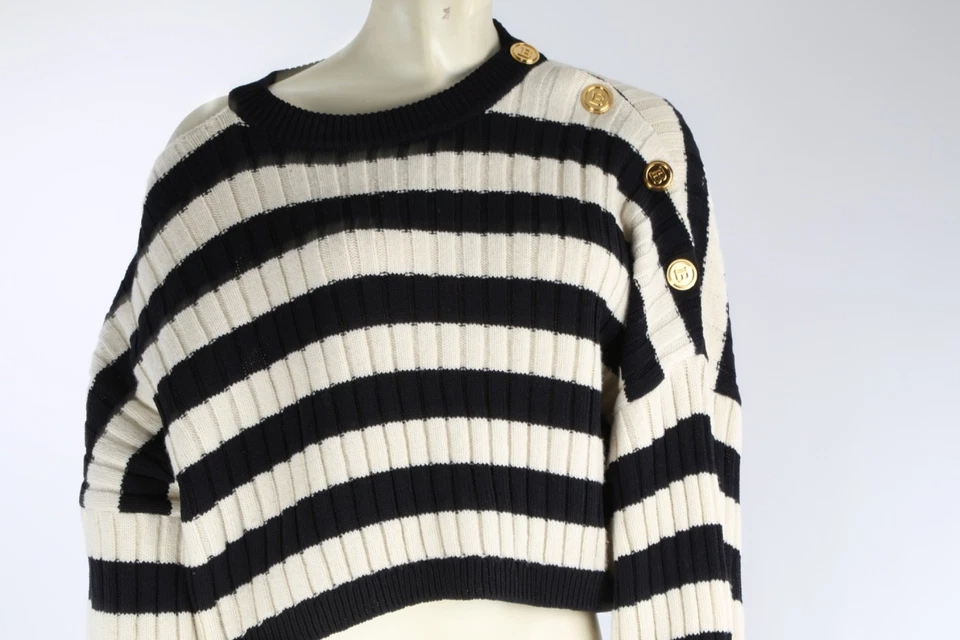 Suéter Recortado BALMAIN Paris Rayas Negro Blanco Botón Lana Tejido Talla 36 $1350 Foto 4 de 4