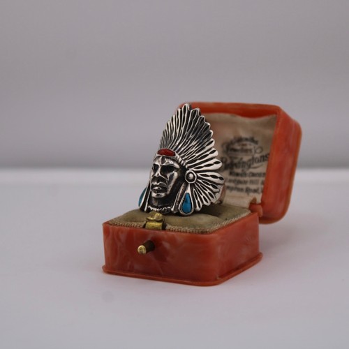 B9.2 Vintage Silver Native American Chief Head Ring I Size R I Turquoise & Coral - Picture 2 of 9