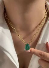 10.Ct Pear Cut Lab Created Green Emerald Necklace 14K Yellow Gold Plated 18"