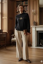 St. John Sport Gold Embroidered Crest Santana Knit Wool Blend Sweater Size M