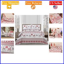 King Size Christmas Quilt Set with Deer Snowflake Pattern, Reversible Bedding