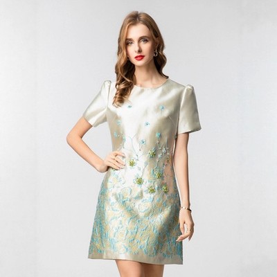 Womens Round Neck Short Sleeve Retro Jacquard Short A-line Midi Dress  Elegant | eBay