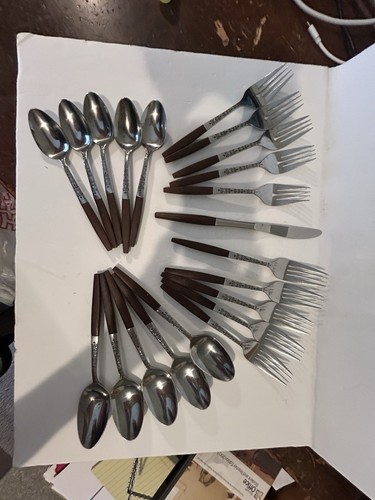 Vtg Interpur Teak Wood Handles Flatware Silverware Mid Century 21 Pieces - Picture 2 of 10