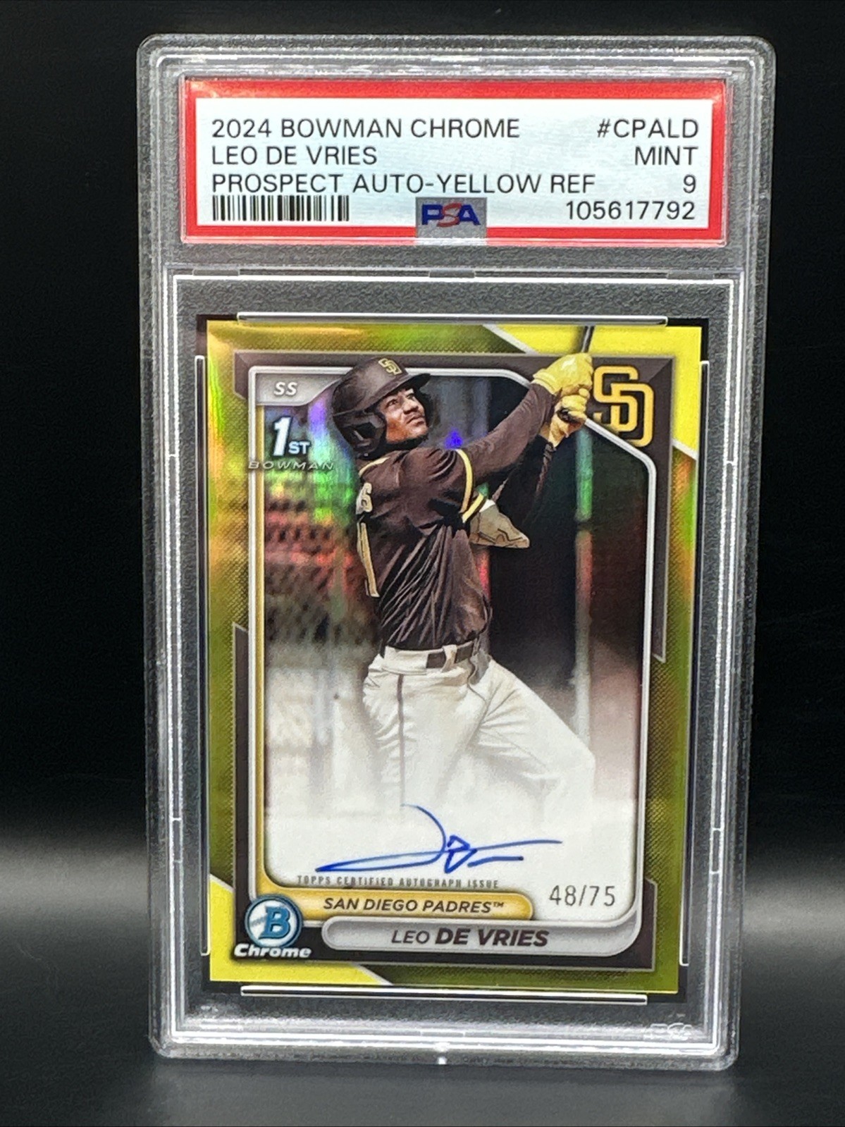 Leo De Vries 1st True Yellow /75 2024 Bowman Chrome - Auto #CPA-LD  PSA 9