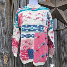Patchwork Sweater Crystal Kobe Size Petite Medium Pink Blue Beige Floral Vintage