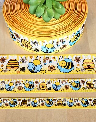 5/8, 7/8 & 1.5'' (1 YD) Bumble Bee Grosgrain Ribbon Polka Dot Honeycomb Bees