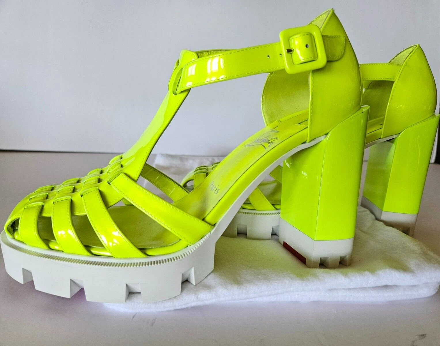 Christian Louboutin — CHRISTIAN LOUBOUTIN Meduzette Patent Chunk Heel Fluo Yellow Sandal Eur 39 / US 9