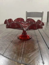 Blenko 7028 Ruby Red Footed Ruffled Blown Crackle Glass Compote Bowl  10.5”
