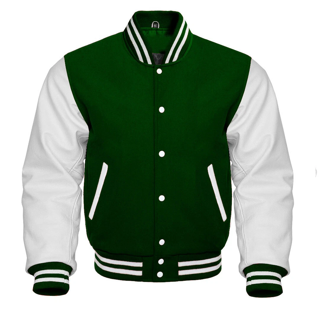 Men's Letterman Basketball Varsity Forest Green Wool White Leather Sleeve Jacket