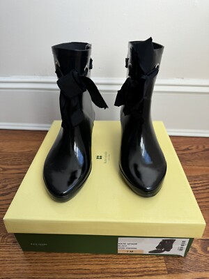 NIB Kate Spade Patty Black Shiny Rubber Rain Snow Boots With Bow String, size 7