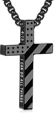 Cross Necklace for Men Boys American Flag Bible Verse Stainless Steel Pendant