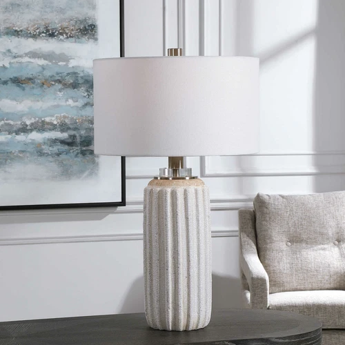 Deep Ribbed Crackled Ceramic Table Lamp Cream Beige Vertical Lines Elegant - Picture 2 of 8