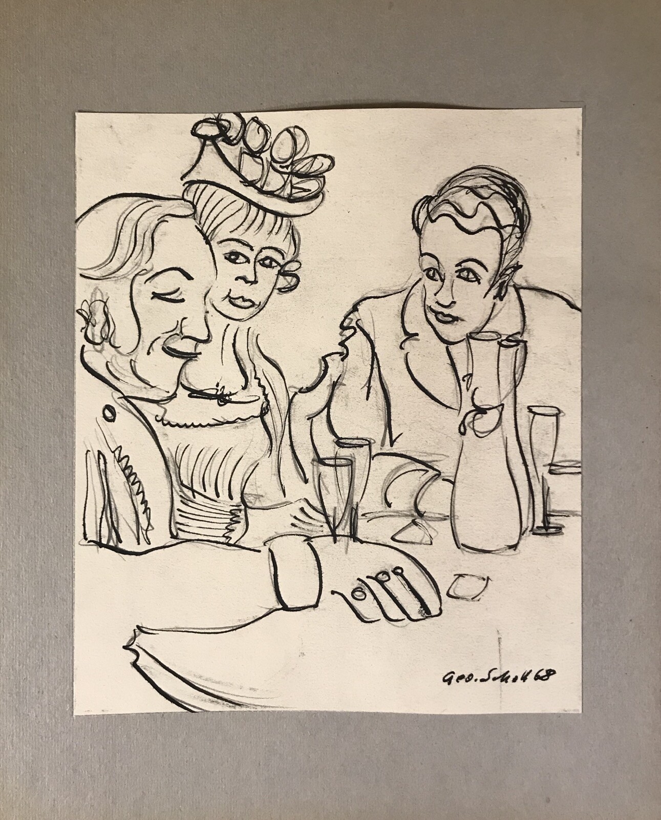 Georg Schott * 1906 Retrato de personas en la mesa en dibujo de bebida de dis...