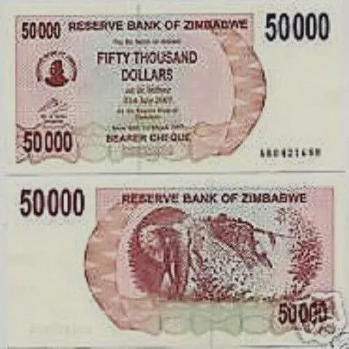 ZIMBABWE 50000 DOLLARS P-47 2007 ELEPHANT VICTORIA FALLS UNC ANIMAL NOTE - Picture 3 of 5