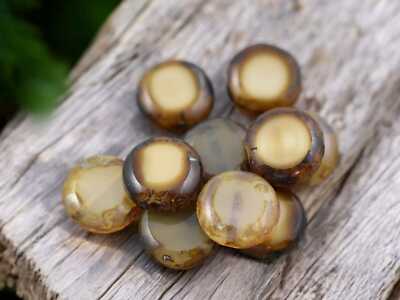 11mm Mixed Ivory Beige Opal Picasso Czech Glass Lentil Beads - 15 Beads