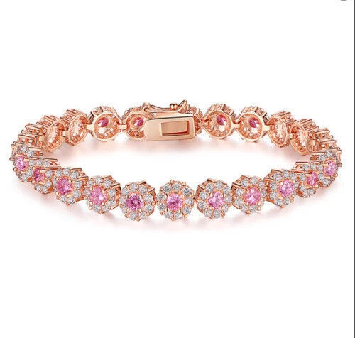 VALENTINO Bracciale Tennis Floreale 7 90Ct Creato Zaffiro Rosa Regalo Finitura Oro Rosa 14K 7"