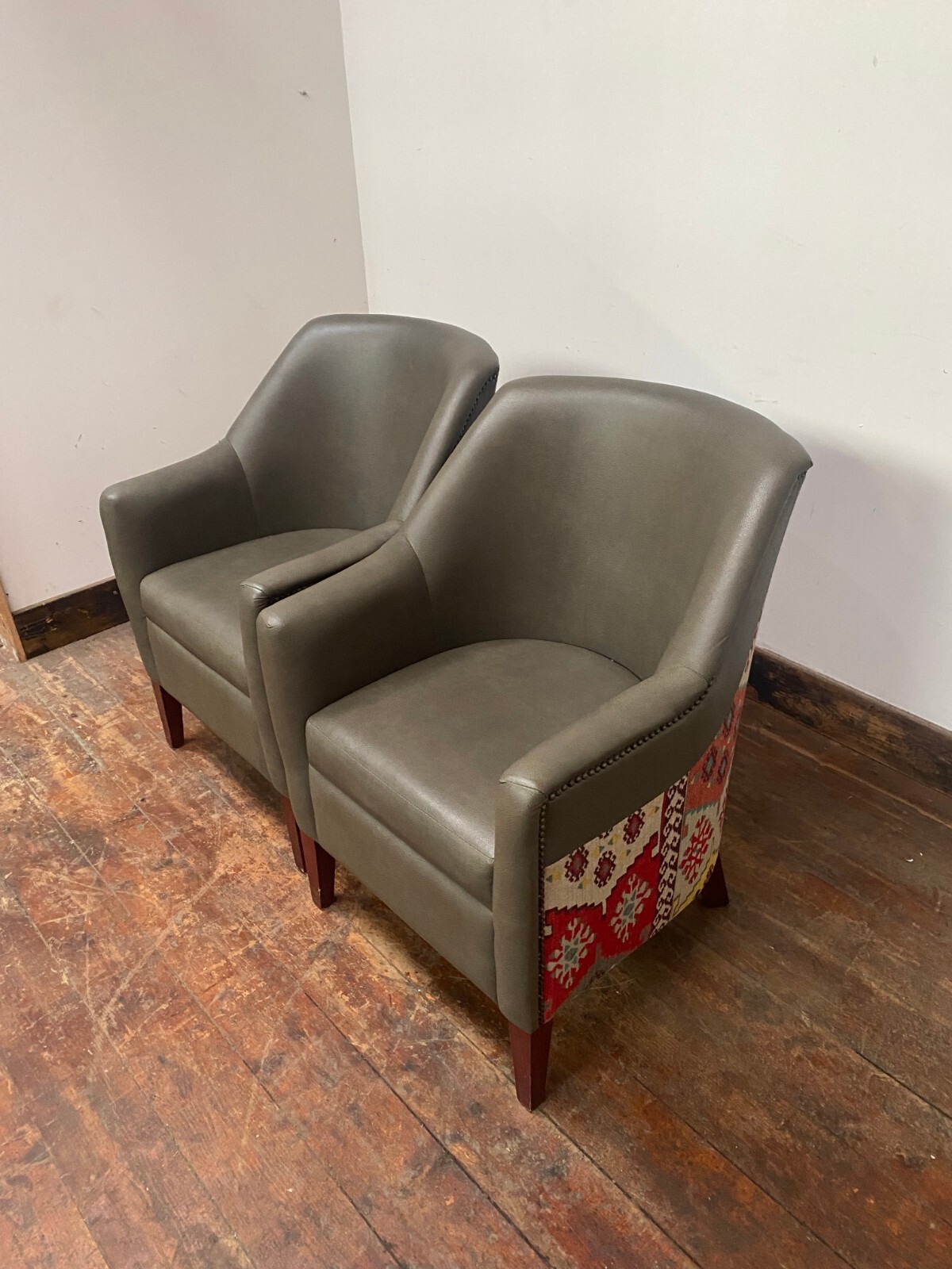 Pair of Grey Faux Leather and Woven Fabric / Mexican Blanket Style Tub