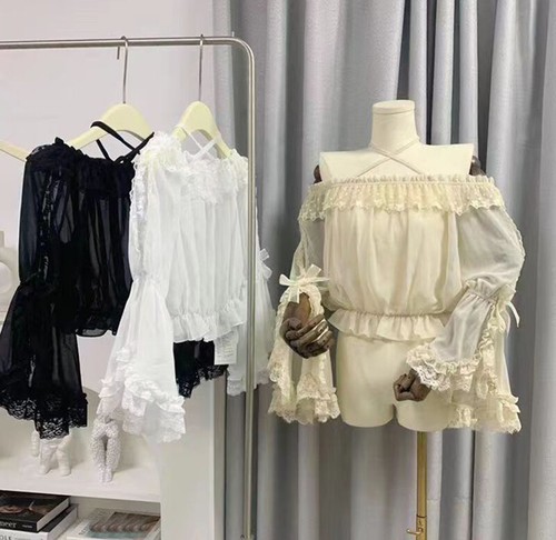 Blusas escolares dulces mangas acampanadas camisas tops de chifón japonesas Lolita para niñas - Imagen 2 de 7