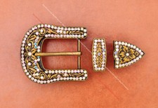 Brass Colorful Crystal Rhinestone Western Floral Belt Buckle Set Fit 30MM Strap
