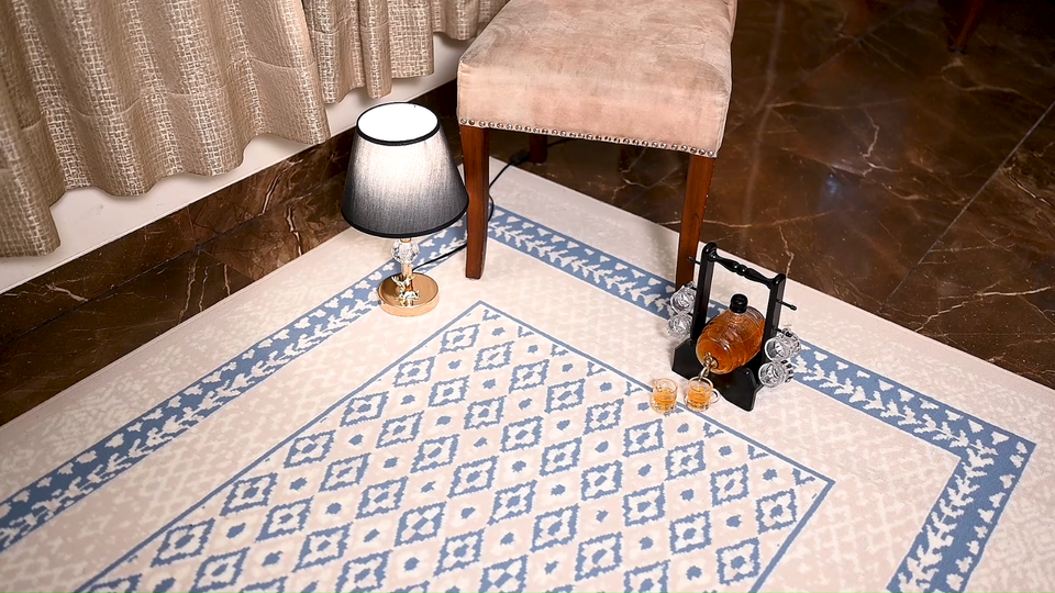 Bordered Transitional Runner - Light Blue, Geometric Pattern Area Rug ...