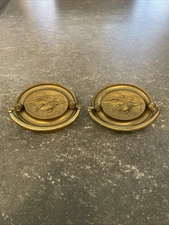 2 Hepplewhite Eagle Oval Brass Back Plates Bail Dresser Handle Pull