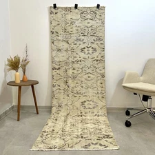 2.6'x7.5' Vintage Turkish Oushak Runner, Beige Floral Rug, Handmade Wool Carpet