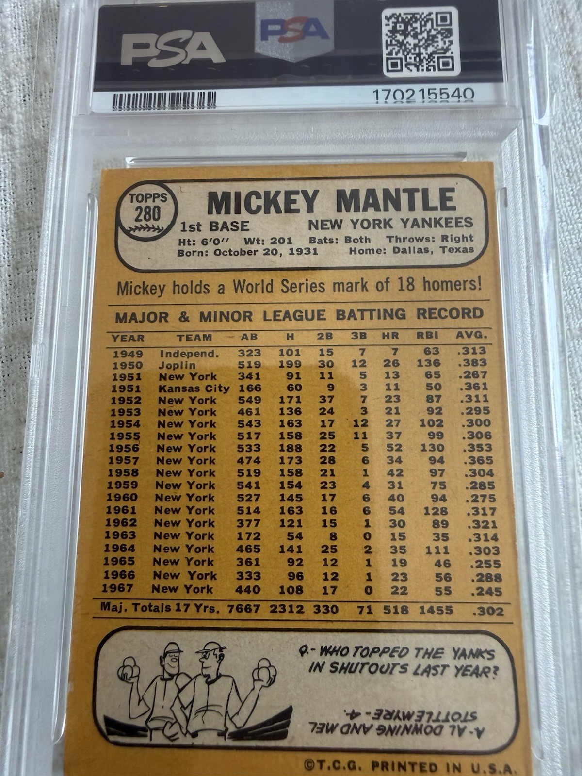 1968 Topps Card #280, MICKEY MANTLE,  New York Yankees,  KSA 3 Graded view 2