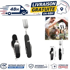 Couverts de camping pliants 2 en 1 acier inoxydable 6 fonctions noirs