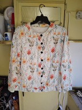 Cream Floral. Size Large Waist Length Long Sleeve Button Up Cardigan