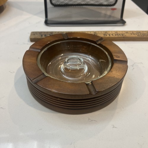 midcentury large round ashtray, 6-1/4” x 1-3/4 “ wood and glass