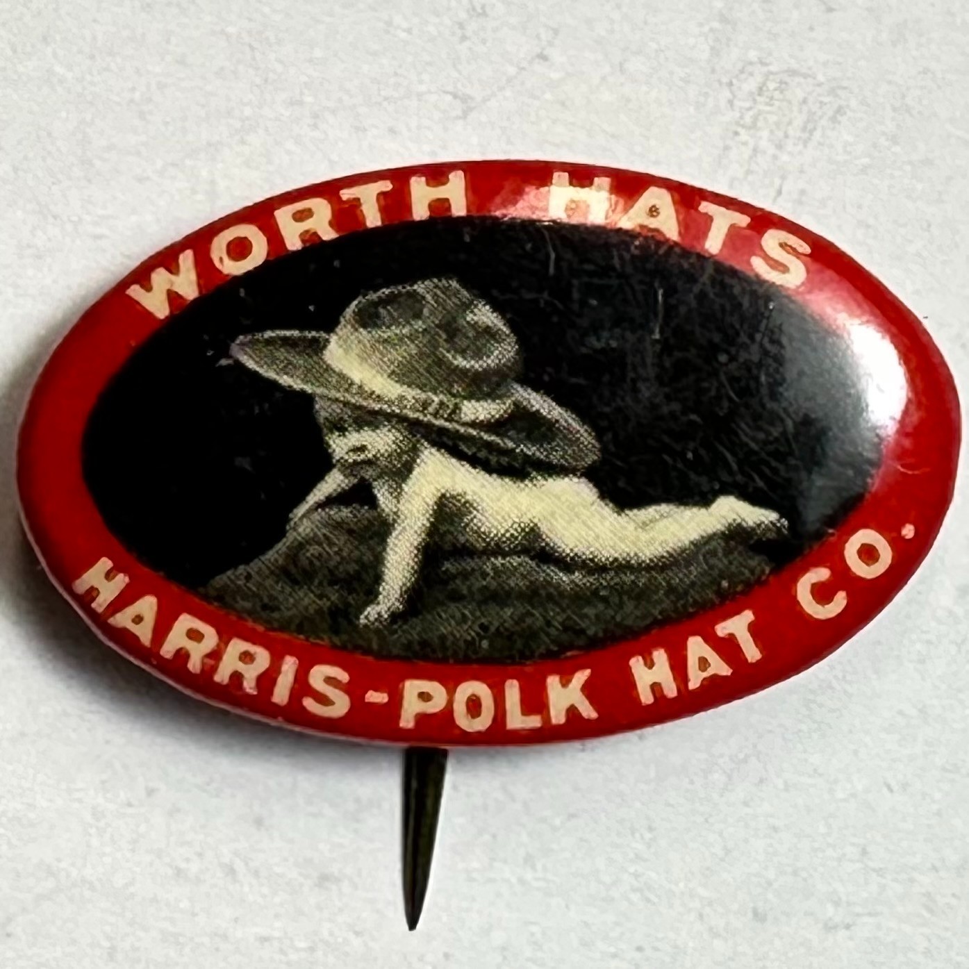 Worth Hats Harris Polk Hat Co Baby Wearing Hat 1"W Celluloid Pinback Button