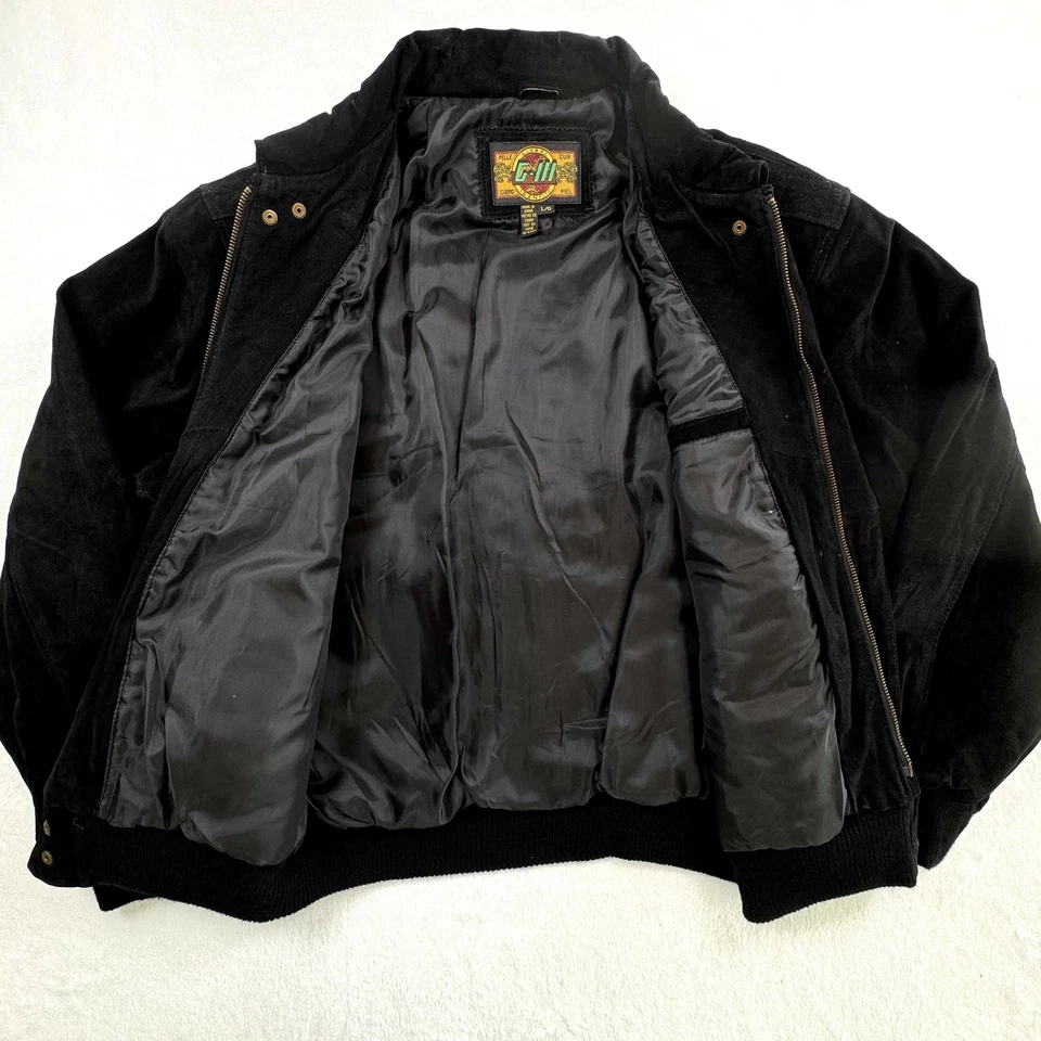 Chaqueta de Cuero G-III Para Hombre Grande Negra Gamuza Bombardero Cremallera Snap Tormenta Solapa Bolsillos Foto 3 de 4