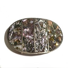 Vintage Alpaca Silver Iridescent Abalone Shell Inlay Belt Buckle Oval Shape