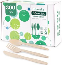 Compostable Utensils, Light Brown Disposable Silverware, Compostable Cutlery 100