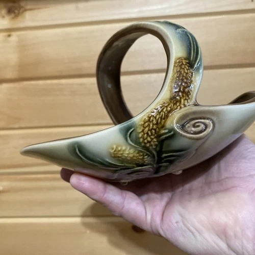 Hull Pottery Parchment & Pine Pattern 1950’s Green Basket USA MCM Nature