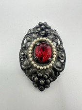 VTG Antique Dress Clip Brooch Red Glass? Black Seed Pearl Estate Sale Filigree