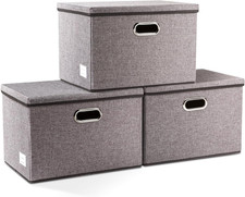 Large Collapsible Storage Bins with Lids 3-Pack Linen/Cotton Blend Foldable St