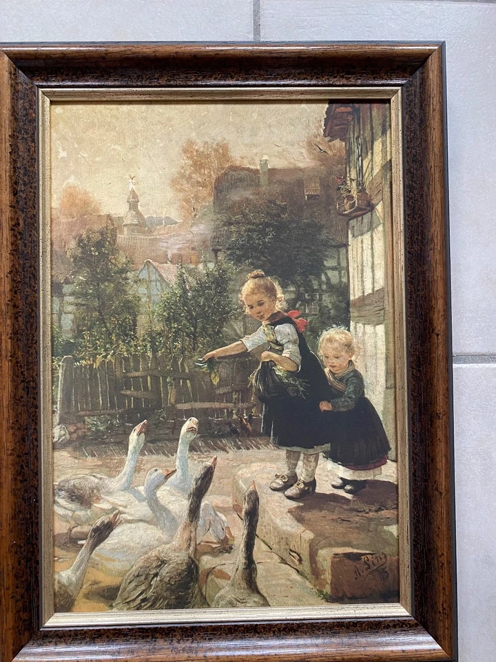 Altes Bild Kinderbild Schwälmer Mädchen füttern Gänse nach Adolf Lins - Bild 3 von 4