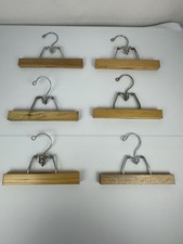 6 Pc Set Vintage Antique Wooden Metal Pants Skirt Hangers Clamp Clip 9"  16