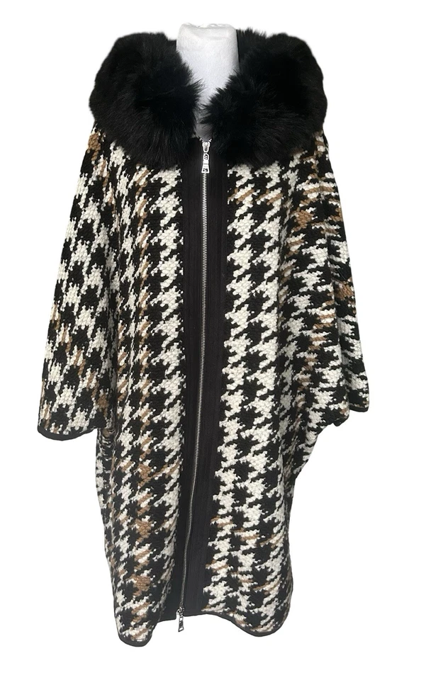 Casaco feminino Nuage removível pele sintética marrom preto branco espinha de peixe tamanho M/G - Imagem 3 de 4