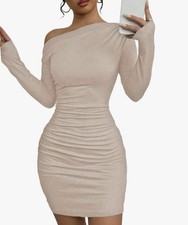 Beige Off Shoulder Ruched Long Sleeve Bodycon Mini Dress for Women
