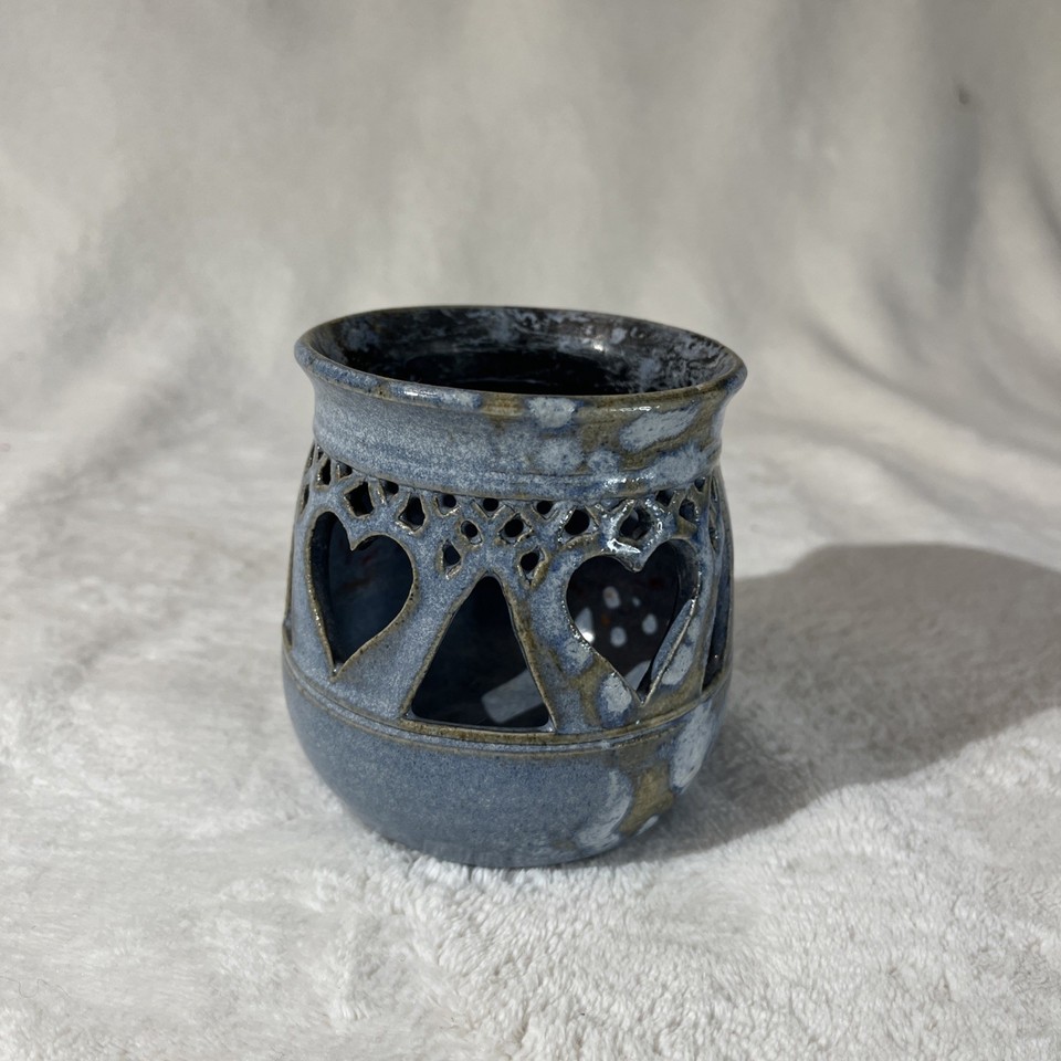 Helen Freeman 1987 Studio Craft Pottery Candle Votive Luminary Hearts Slate Blue