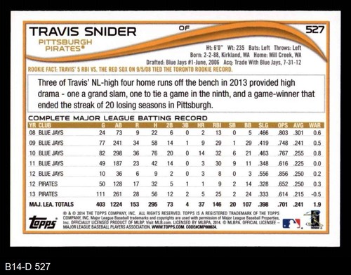 2014 Topps #527 Travis Snider Pirates 8 - NM/MT - Picture 2 of 2