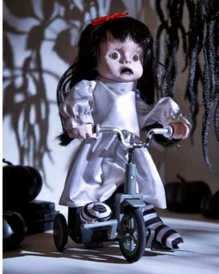Halloween Animated Haunted Creepy Girl Doll On Tricycle Light up Sings  Peddles UK