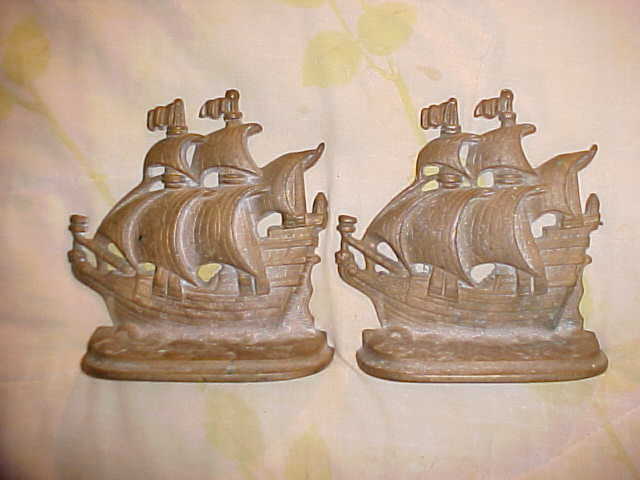 Pair ANTIQUE BRONZE SHIP Bookends A GALLEON IN THE TIME OF ELIZABETH 1558-1603