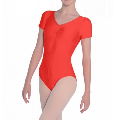 NEW NYLON LYCRA SHORT SLEEVED RUCHED FRONT LEOTARD DANCE TAP BALLET JEANETTE - Picture 3 of 13