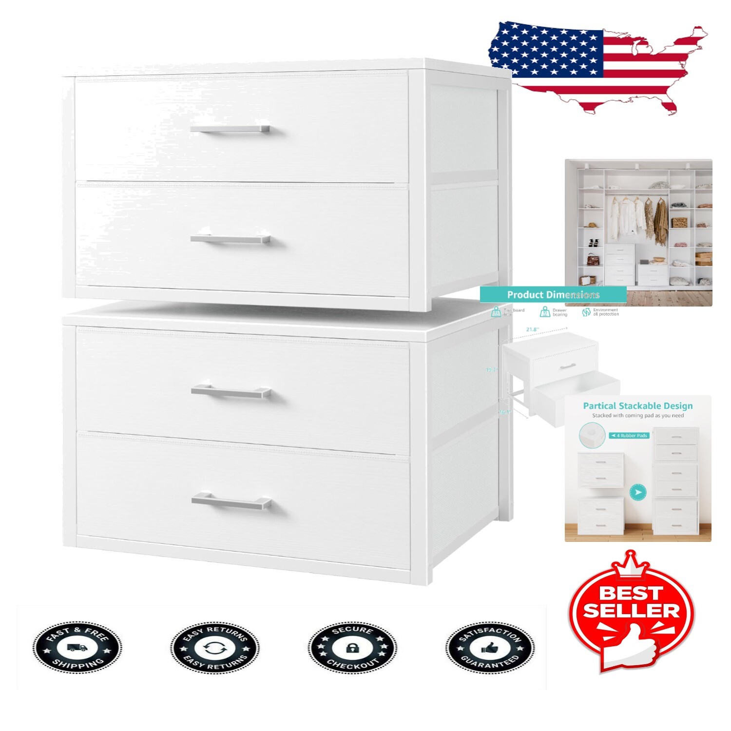 2-Pack White Modern Storage Dressers with Stackable Fabric Drawers – 16