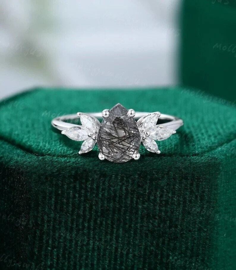 Pear Shaped Black Rutilated Quartz Engagement Ring