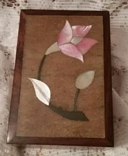 Vintage Fetco Handmade In India Wooden Stamp Trinket Box W/Mother of Pearl Inlay